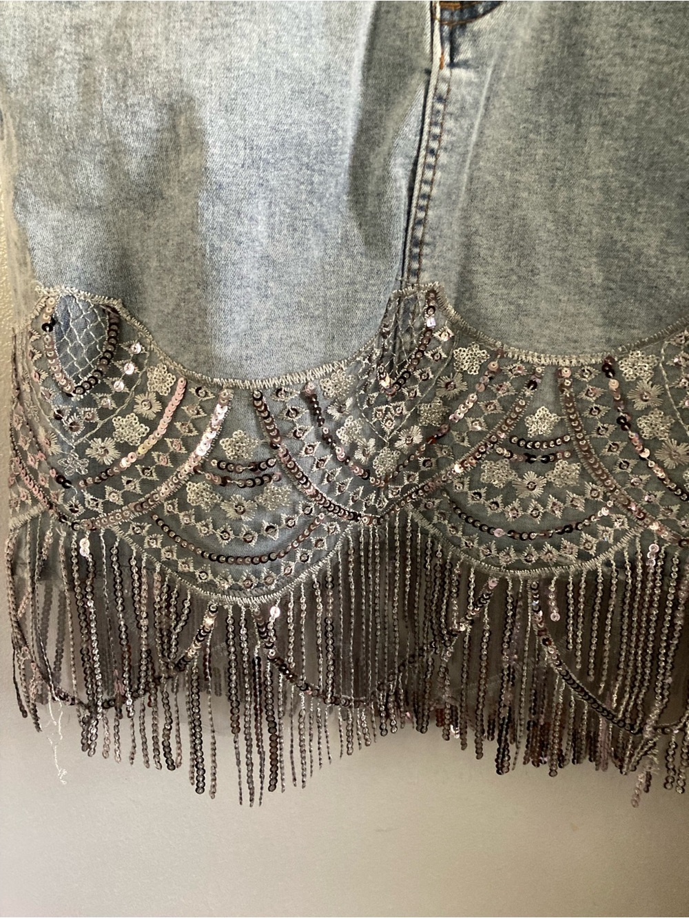 Silver Embellished Fringe Denim Mini Skirt - Women's - Picture 2 of 3
